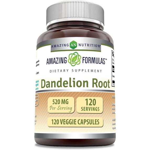 Amazing Formulas Dandelion Root (Taraxacum Officinale) 520 Mg Per Serving 120 Veggie Capsules Supplement | Non-GMO | Gluten-Free | Ideal for Vegetarians