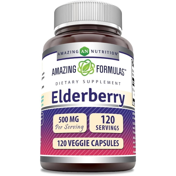Amazing Formulas Elderberry 500mg Per Serving 120 Veggie Capsules Supplement | Non-GMO | Gluten Free | Made in USA | Ideal for Vegetarians