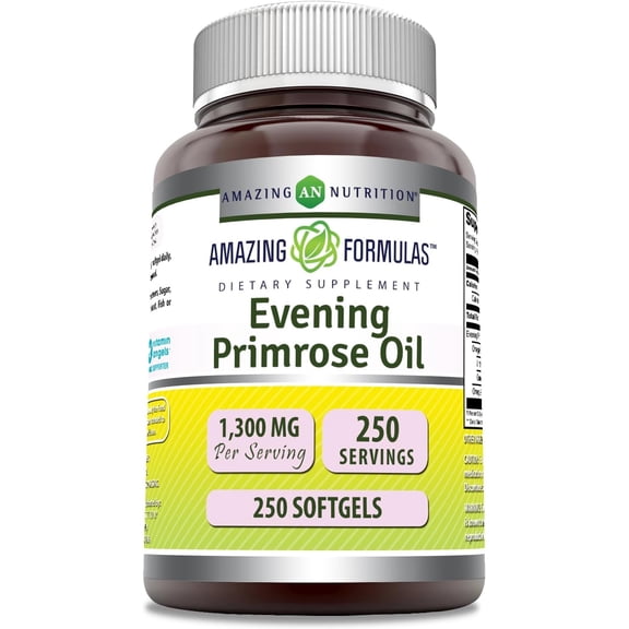 Amazing Formulas Evening Primrose Oil 1300mg, 10% GLA, 250 Softgels Supplement | Hexane Free Cold Pressed Oil | Non-GMO | Gluten Free