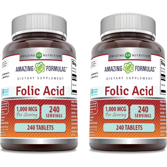 Amazing Formulas Folic Acid 1000 mcg Per Serving (1 mg) 240 Tablets Supplement | Vitamin B9 | Non-GMO | Gluten Free | Made in USA | Pack of 2