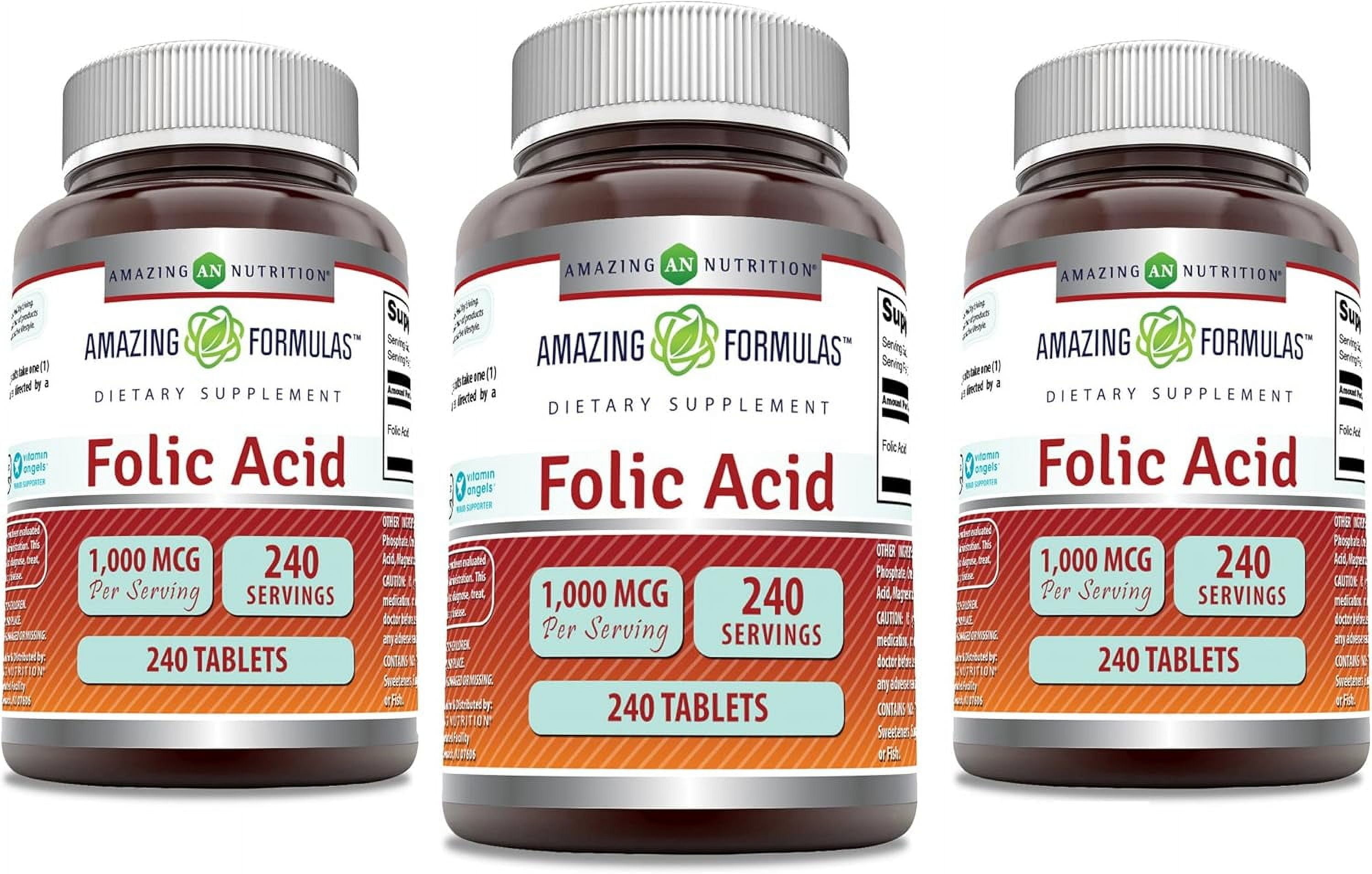 Amazing Formulas Folic Acid 1000 mcg (1 mg) 240 Tablets Supplement | Vitamin B9 | Non-GMO | Gluten Free | Made in USA | Pack of 3