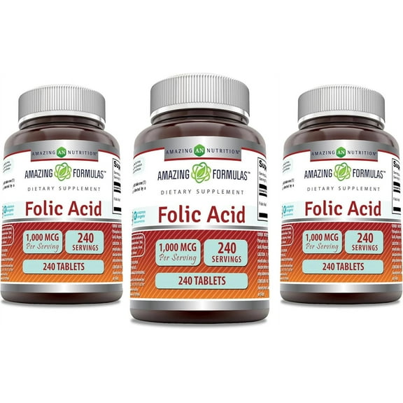 Amazing Formulas Folic Acid 1000 mcg Per Serving (1 mg) 240 Tablets Supplement | Vitamin B9 | Non-GMO | Gluten Free | Made in USA | Pack of 3