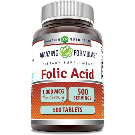 Amazing Formulas Folic Acid 1000 mcg Per Serving (1 mg) 500 Tablets Supplement | Vitamin B9 | Non-GMO | Gluten Free | Made in USA