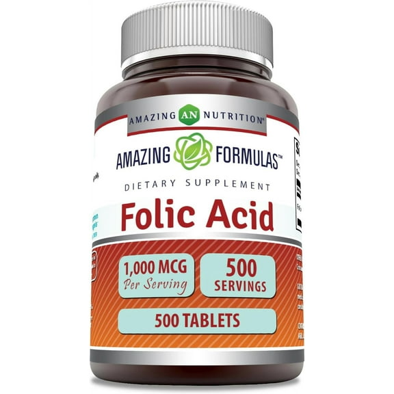 Amazing Formulas Folic Acid 1000 mcg Per Serving (1 mg) 500 Tablets Supplement | Vitamin B9 | Non-GMO | Gluten Free | Made in USA