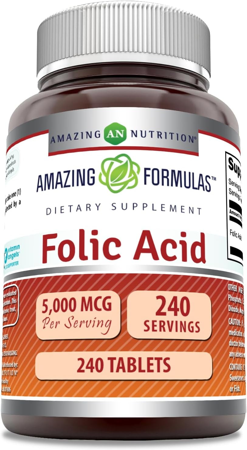 Amazing Formulas Folic Acid 5000 Mcg 240 Tablets | Vitamin B9 Folate Supplement | Non-GMO | Gluten Free | Made in USA