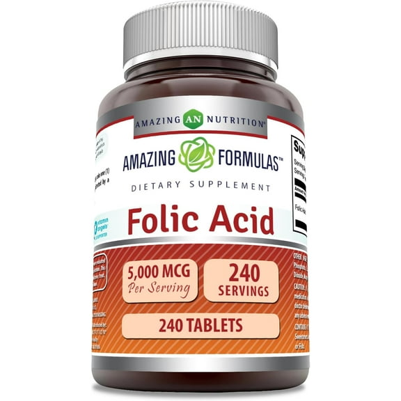 Amazing Formulas Folic Acid 5000 Mcg 240 Tablets | Vitamin B9 Folate Supplement | Non-GMO | Gluten Free | Made in USA