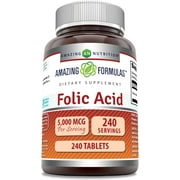 Amazing Formulas Folic Acid 5000 Mcg 240 Tablets | Vitamin B9 Folate Supplement | Non-GMO | Gluten Free | Made in USA