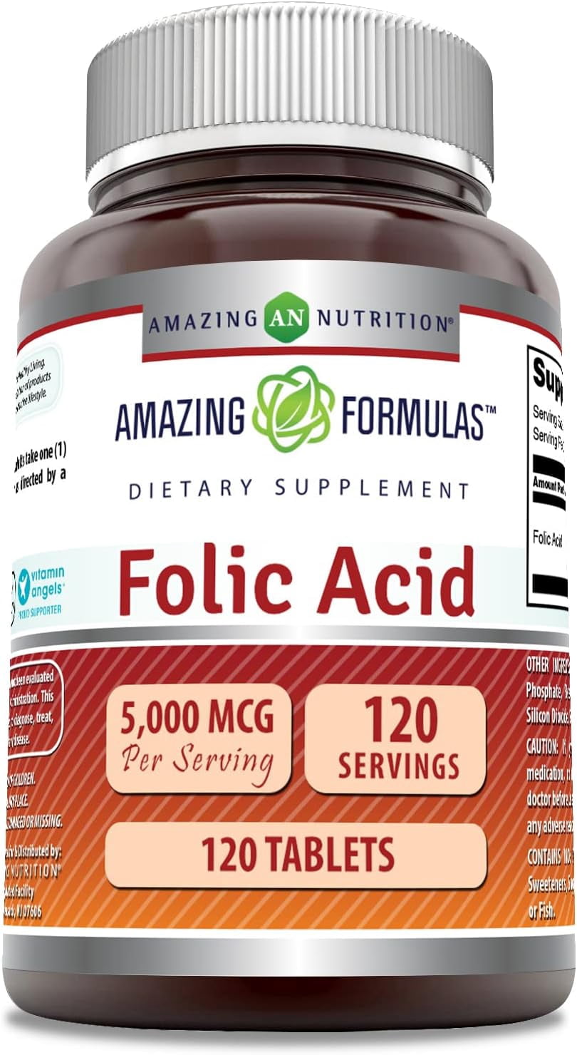 Amazing Formulas Folic Acid 5000 Mcg Per Serving 120 Tablets Supplement | Non-GMO | Gluten Free | Made in USA