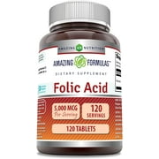 Amazing Formulas Folic Acid 5000 Mcg Per Serving 120 Tablets Supplement | Non-GMO | Gluten Free | Made in USA