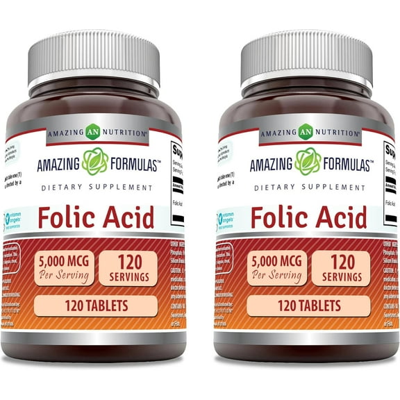 Amazing Formulas Folic Acid 5000 mcg (5 mg) 120 Tablets Supplement | Vitamin B9 | Non-GMO | Gluten Free | Made in USA | Pack of 2