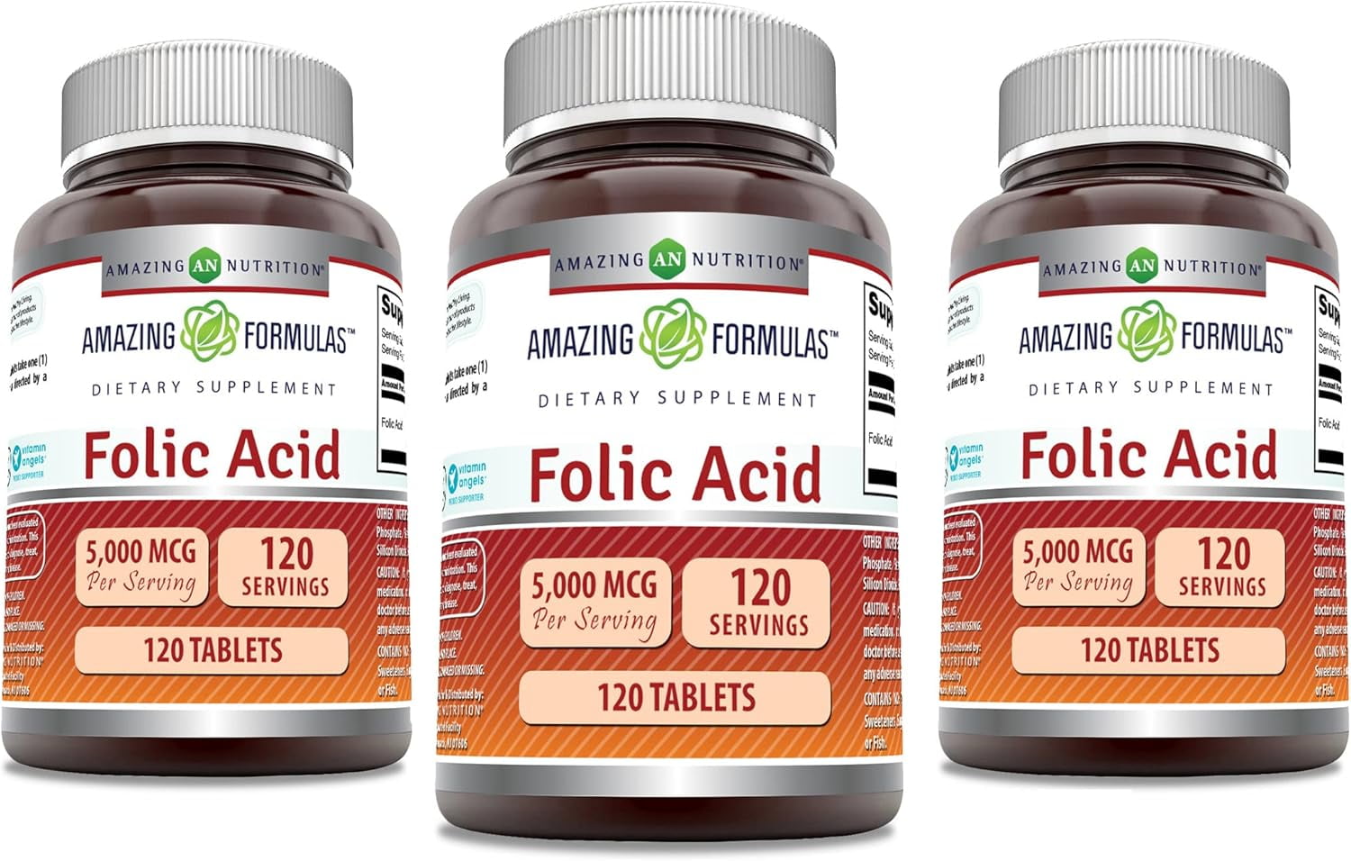 Amazing Formulas Folic Acid 5000 mcg (5 mg) 120 Tablets Supplement | Vitamin B9 | Non-GMO | Gluten Free | Made in USA | Pack of 3