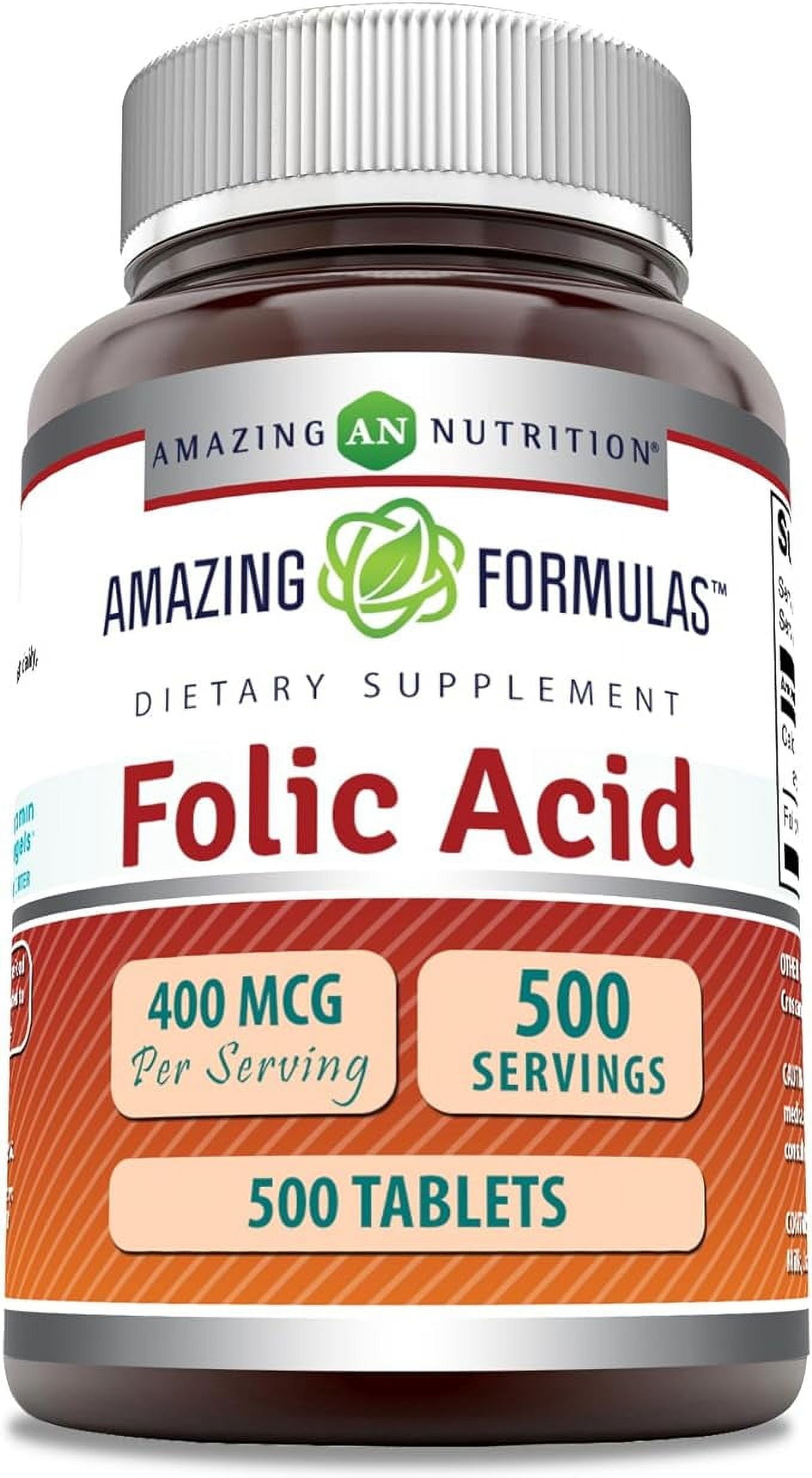 Amazing Formulas Folic Acid (Vitamin B9) 400 mcg 500 Tablets | Non-GMO | Gluten Free | Made in USA