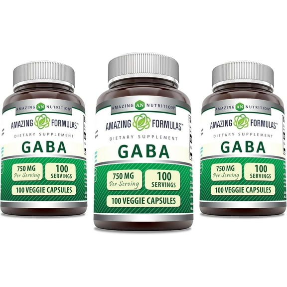Amazing Formulas GABA 750 Mg per Serving 100 Veggie Capsules Supplement| Non-GMO | Gluten-Free | Made in USA | Ideal for Vegetarians | Pack of 3