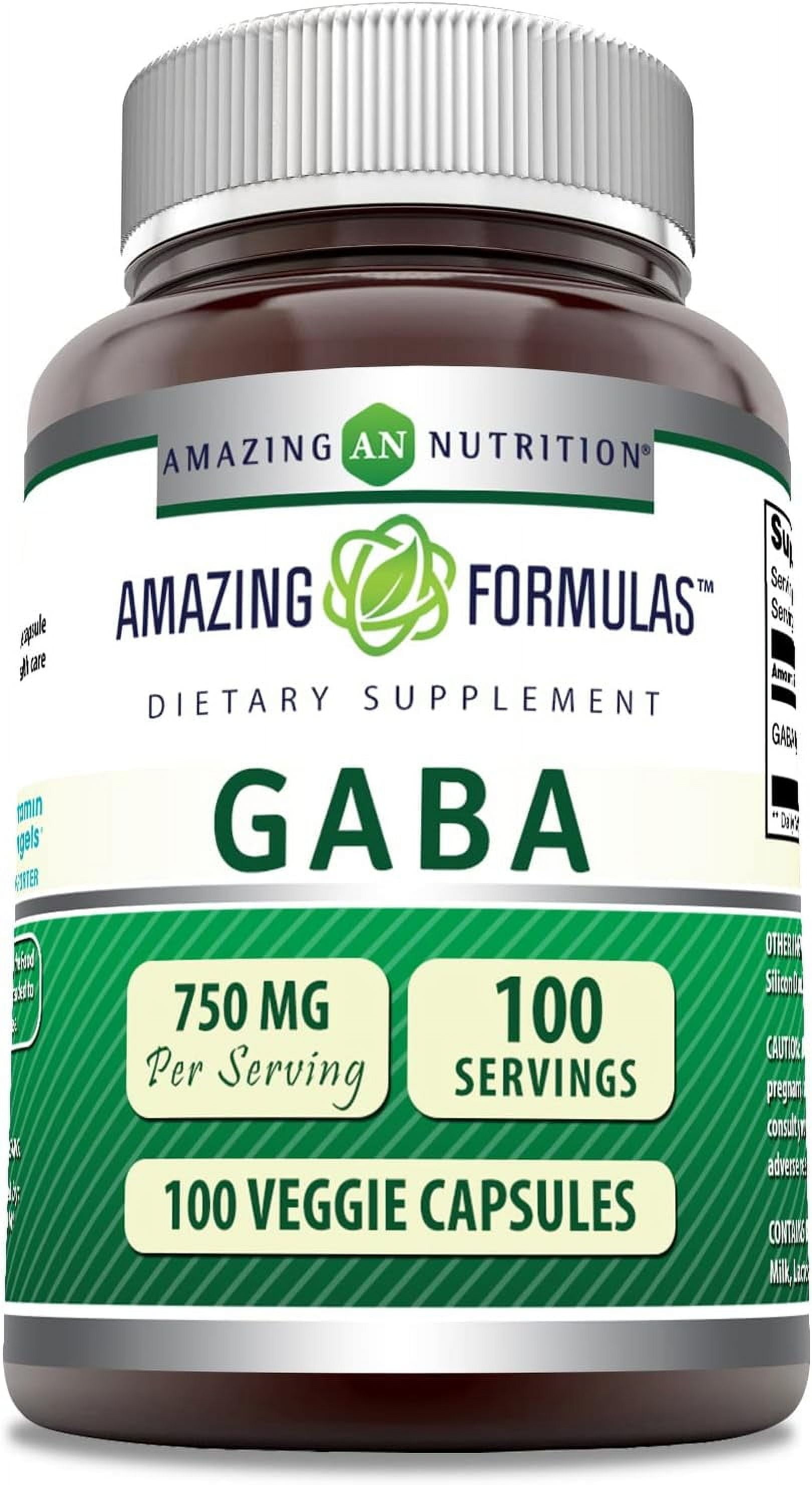 Amazing Formulas GABA 750 Mg per Serving 100 Veggie Capsules Supplement| Non-GMO | Gluten-Free | Made in USA | Ideal for Vegetarians