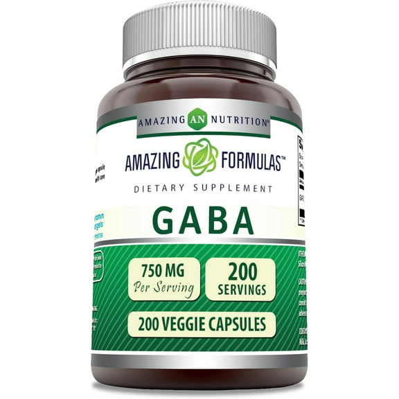 Amazing Formulas GABA 750 Mg per Serving 200 Veggie Capsules Supplement| Non-GMO | Gluten-Free | Ideal for Vegetarians