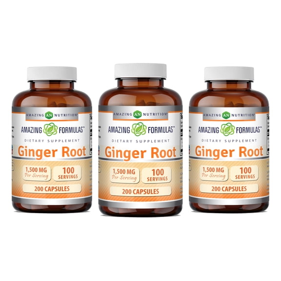 Amazing Formulas Ginger Root 4:1 1500 mg Per Serving 200 Capsules Supplement | Non-GMO | Gluten Free | Pack of 3