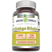Amazing Formulas Ginkgo Biloba 60 Mg Per Serving Supplement 120 Veggie Capsules | Standardized to Contain 24% Ginkgo Flavone Glycosides | Non-GMO | Gluten Free