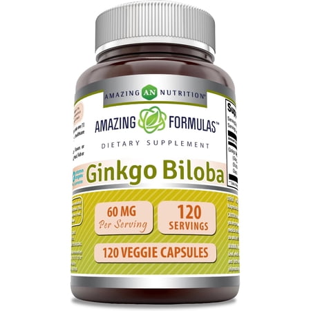 Amazing Formulas Ginkgo Biloba 60 Mg Per Serving Supplement 120 Veggie Capsules | Standardized to Contain 24% Ginkgo Flavone Glycosides | Non-GMO | Gluten Free