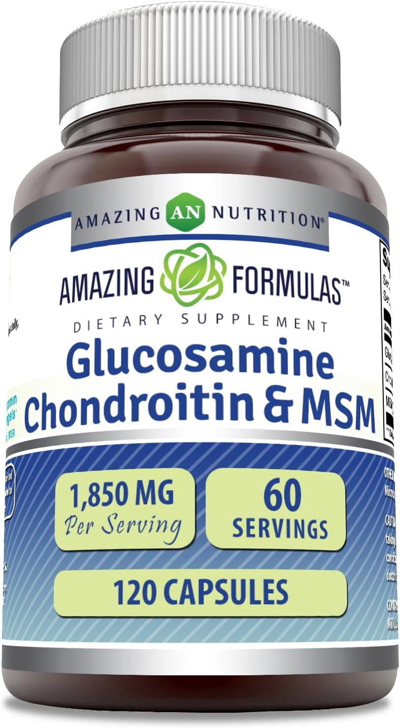 Amazing Formulas Glucosamine Chondroitin & MSM 1850 Mg per Serving 120 Capsules Supplement | Glucosamine 750 mg, Chondroitin 600 mg and MSM 500 mg Per Serving | Non-GMO | Gluten-Free | Made in USA