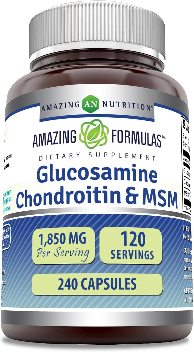 Amazing Formulas Glucosamine Chondroitin & MSM 1850 Mg per Serving 240 Capsules Supplement | Glucosamine 750 mg, Chondroitin 600 mg and MSM 500 mg Per Serving | Non-GMO | Gluten-Free | Made in USA