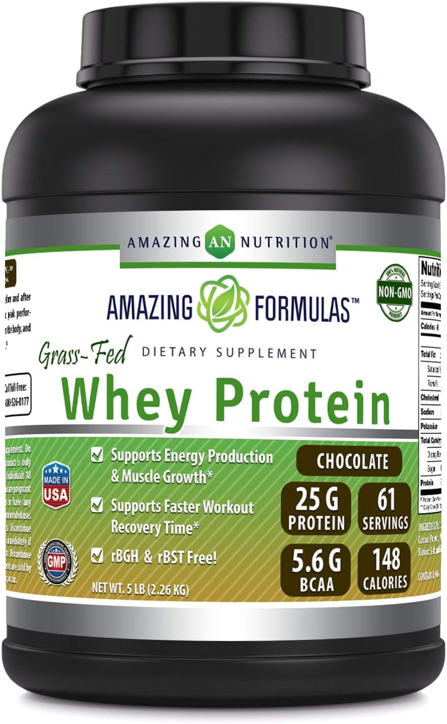 Amazing Formulas Grass-Fed Whey Protein 5Lbs Supplement | Chocolate Flavor | 61 Serving Per Unit | 25 Gram Protein per Serving | Made in USA