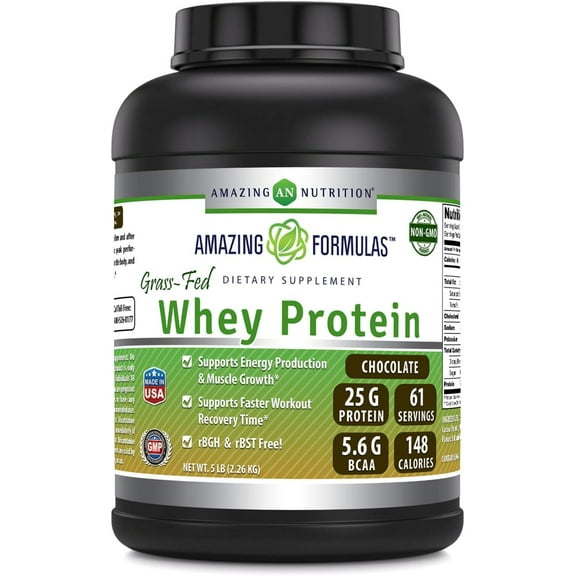 Amazing Formulas Grass-Fed Whey Protein 5Lbs Supplement | Chocolate Flavor | 61 Serving Per Unit | 25 Gram Protein per Serving | Made in USA