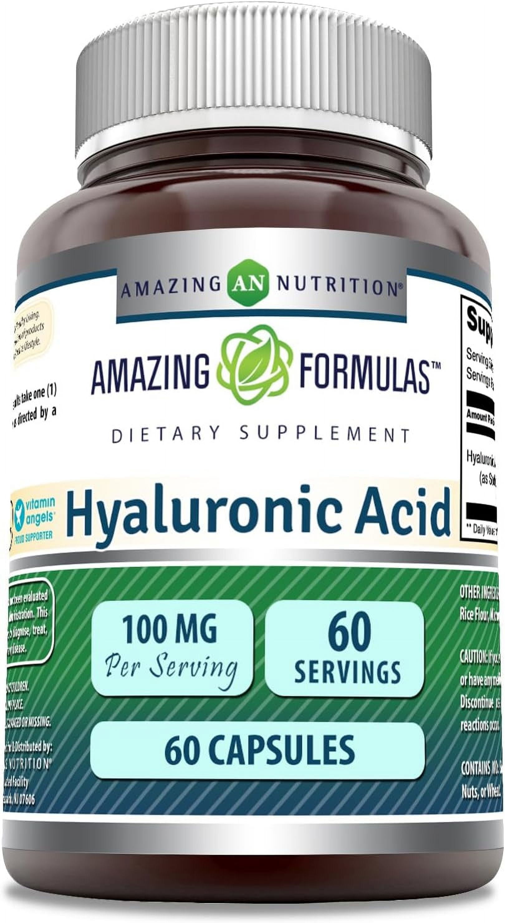 Amazing Formulas Hyaluronic Acid 100mg 60 Capsules Supplement Non GMO Gluten Free Made in