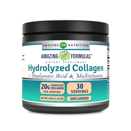 Amazing Formulas Hydrolyzed Collagen with Hyaluronic Acid & Multivitamins Supplement | Unflavored | 605 Grams | 30 Servings Powder | Natural Skin & Tissue Enhancer | Made in USA