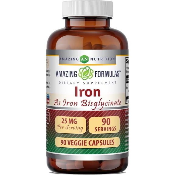 Amazing Formulas Iron as Iron Bisglycinate 25 Mg Per Serving 90 Veggie Capsules Supplement | Non-GMO | Gluten-Free | Suitable for Vegetarians