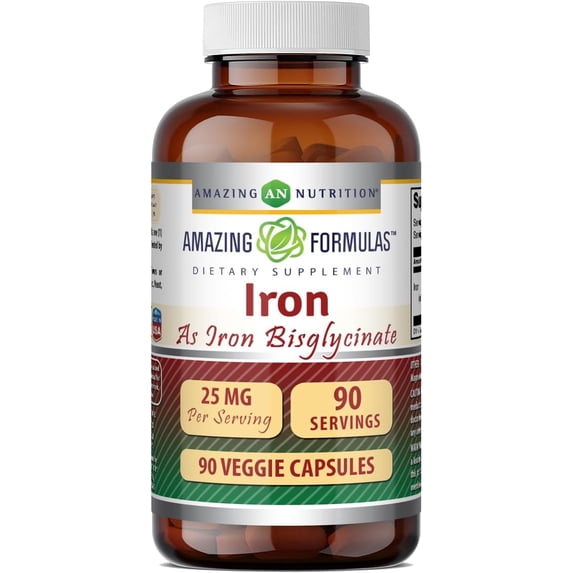 Amazing Formulas Iron as Iron Bisglycinate 25 Mg Per Serving 90 Veggie Capsules Supplement | Non-GMO | Gluten-Free | Suitable for Vegetarians