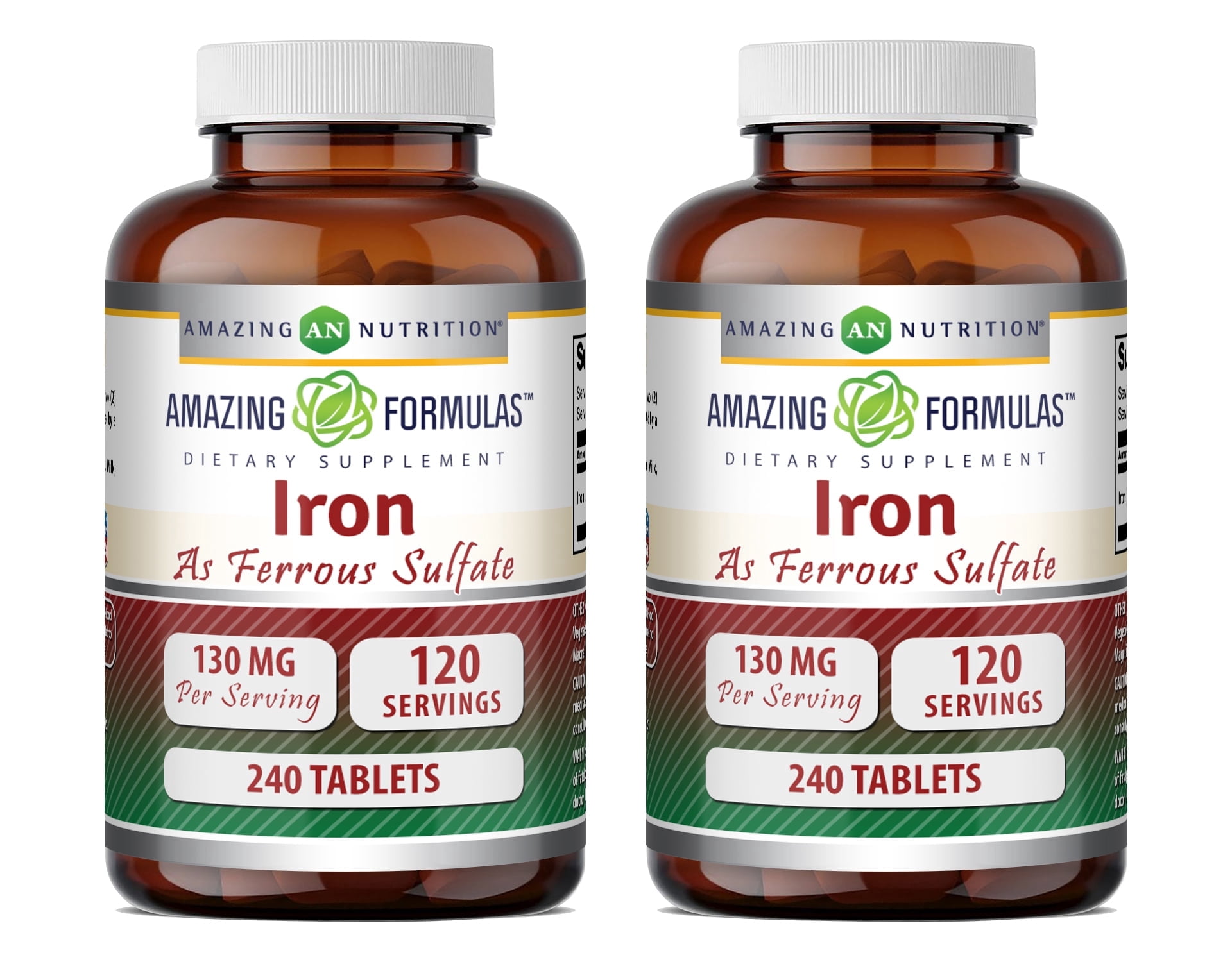 Amazing Formulas Iron as Ferrous Sulfate 130 Mg Per Serving 240 Tablets Supplement | Non-GMO | Gluten Free | Pack of 2