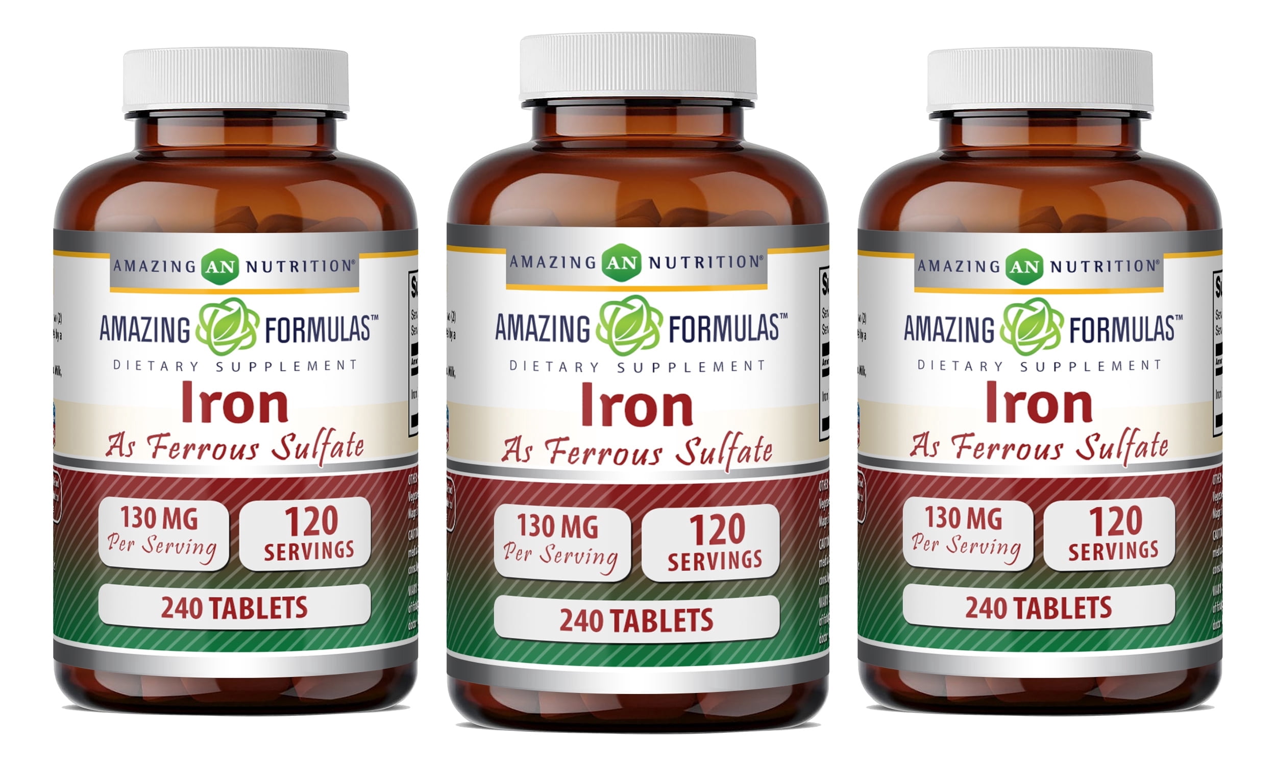 Amazing Formulas Iron as Ferrous Sulfate 130 Mg Per Serving 240 Tablets Supplement | Non-GMO | Gluten Free | Pack of 3