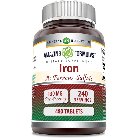 Amazing Formulas Iron as Ferrous Sulfate 130Mg Per Serving 480 Tablets Supplement | Non-GMO | Gluten Free
