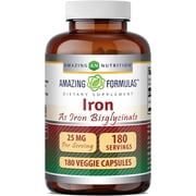 Amazing Formulas Iron as Iron Bisglycinate 25 Mg Per Serving 180 Veggie Capsules Supplement | Non-GMO | Gluten-Free | Suitable for Vegetarians