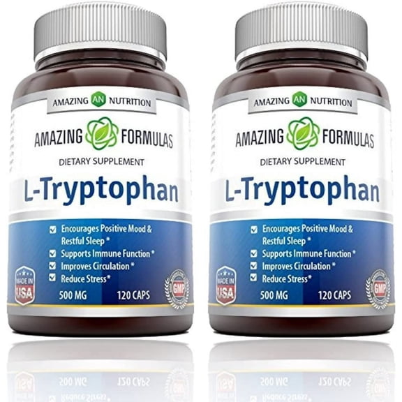 Amazing Formulas L-Tryptophan 500 Mg Per Serving 120 Capsules Supplement | Non-GMO | Gluten Free | Pack of 2