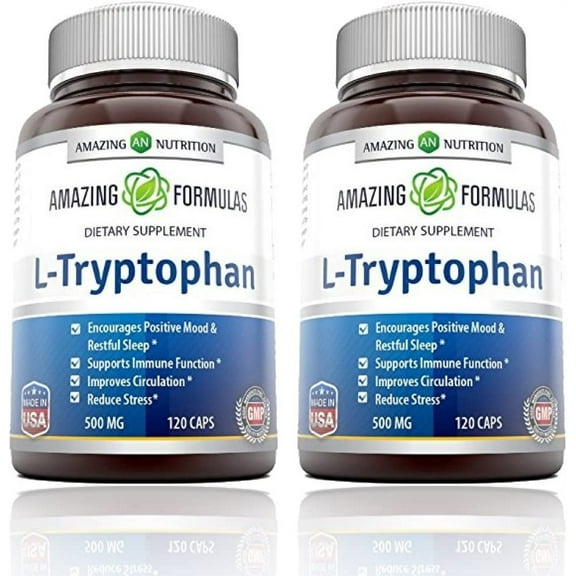 Amazing Formulas L-Tryptophan Supplement 500 Mg Capsules, 120 Capsules (Non GMO,Gluten Free) - Pack of 2