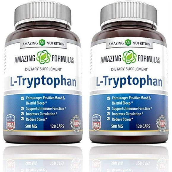 Amazing Formulas L-Tryptophan Supplement 500 Mg Capsules, 120 Capsules (Non GMO,Gluten Free) - Pack of 2
