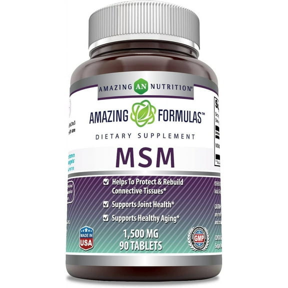 Amazing Formulas MSM (Methylsulfonylmethane) Dietary Supplement 1500mg, 90 Tablets (Non-GMO, Gluten Free) Per Bottle - Promotes Joint Health, Detoxification, Supports Healthy Hair, Skin and Nails