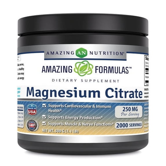 Amazing Formulas Magnesium Citrate 250 Grams Powder | 1.1 Lb Supplement | Unflavored | Non-GMO | Gluten Free | Made in USA