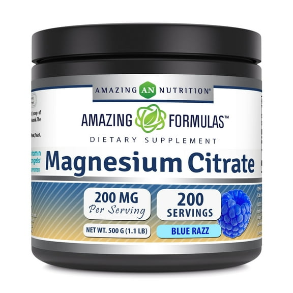 Amazing Formulas Magnesium Citrate 500 Grams Powder | 1.1 Lb Supplement | Blue Raspberry Flavor | Non-GMO | Gluten Free | Made in USA