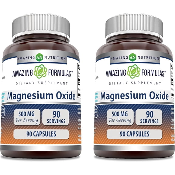 Amazing Formulas Magnesium Oxide 500 mg Per Serving 90 Capsules Supplement | Non-GMO | Gluten Free | Made in USA | Pack of 2