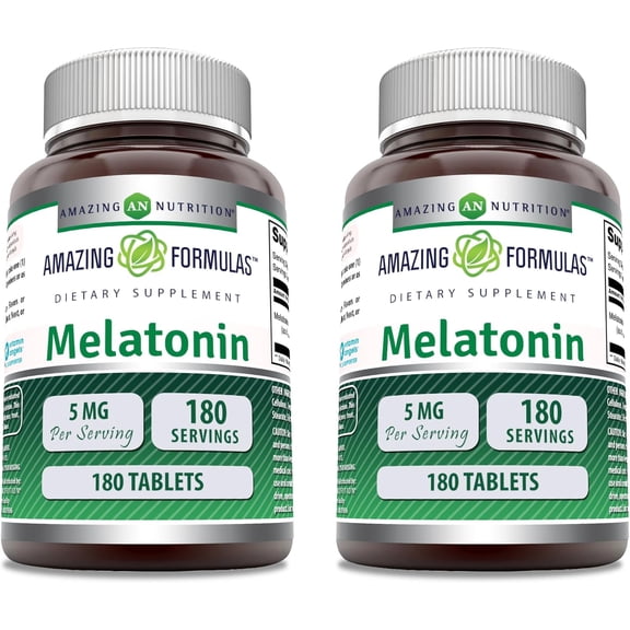 Amazing Formulas Melatonin 5 Mg Per Serving 180 Tablets Supplement | Non-GMO | Gluten Free | Pack of 2