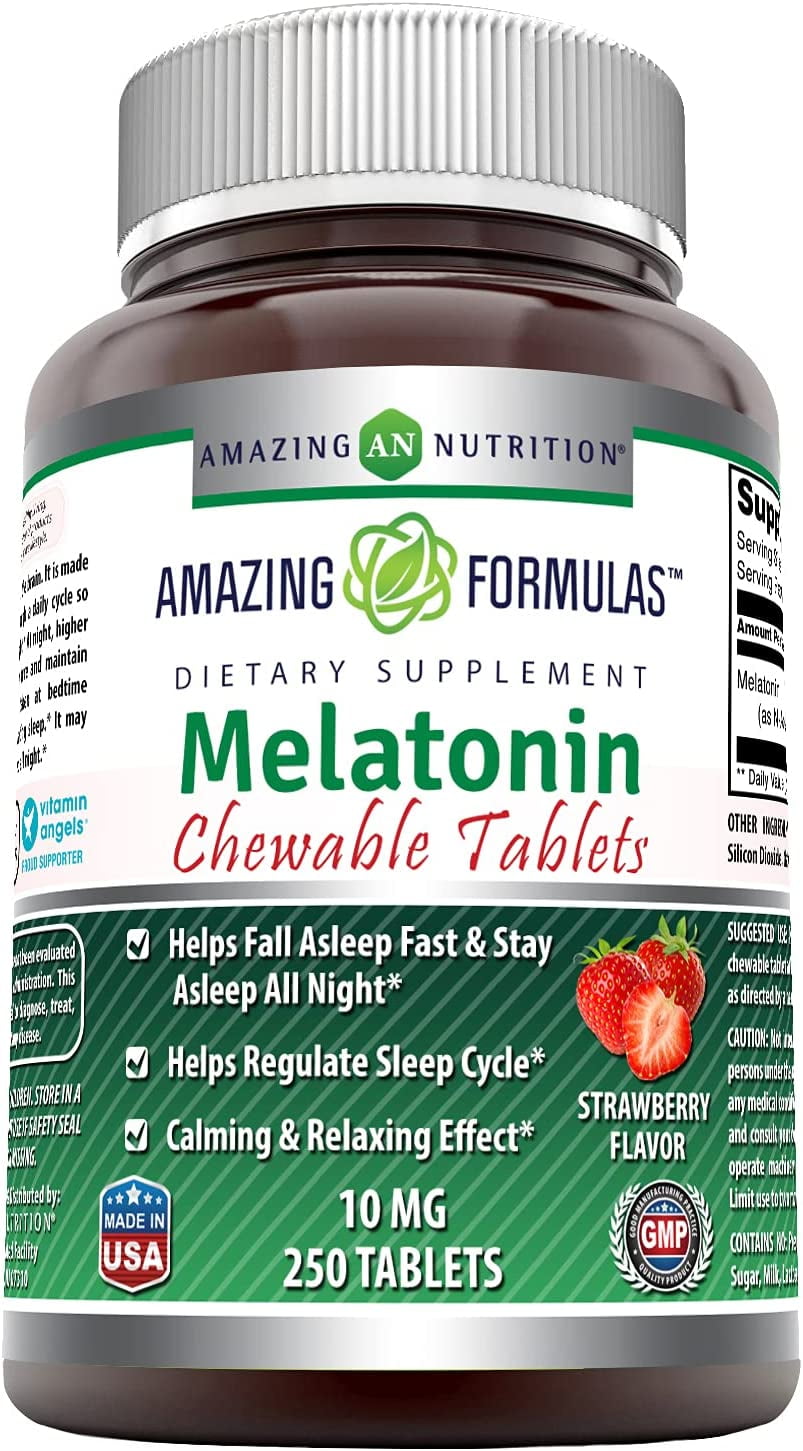 Amazing Formulas Melatonin 10mg Per Serving 250 Chewable Tablets Supplement | Strawberry Flavor | Non-GMO | Gluten Free | Made in USA