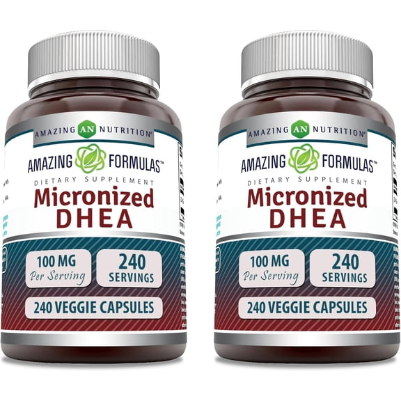 Amazing Formulas Micronized DHEA 100mg Per Serving 240 Veggie Capsules Supplement | Non-GMO | Gluten Free | Suitable for Vegetarians | Pack of 2
