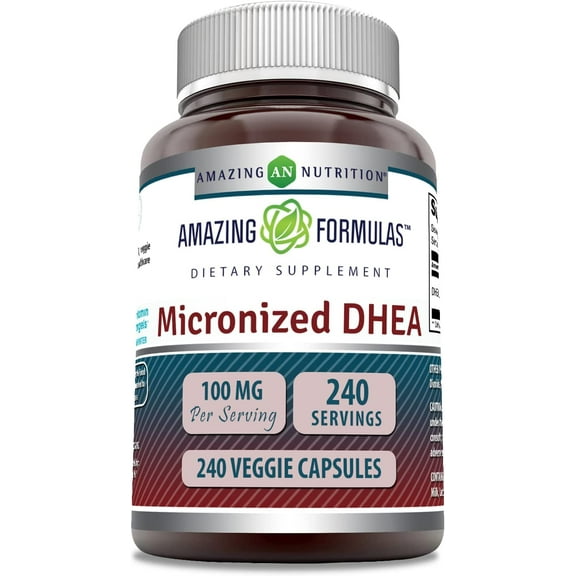 Amazing Formulas Micronized DHEA 100mg Per Serving 240 Veggie Capsules Supplement | Non-GMO | Gluten Free | Made in USA | Suitable for Vegetarians