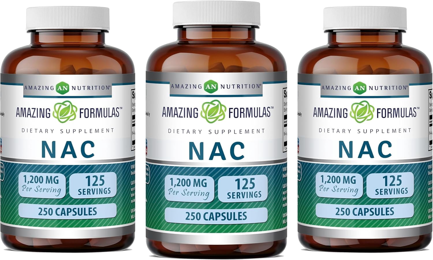 Amazing Formulas NAC (N-Acetyl Cysteine) 1200mg Per Serving 250 Capsules Supplement | Non-GMO | Gluten Free | Made in USA | Pack of 3