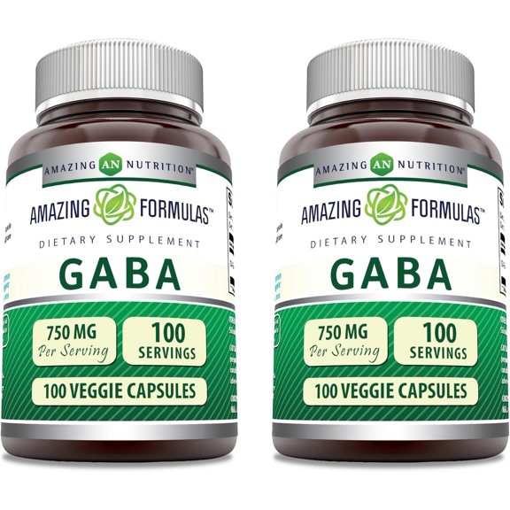 Amazing Formulas GABA 750 Mg per Serving 100 Veggie Capsules Supplement| Non-GMO | Gluten-Free | Made in USA | Ideal for Vegetarians | Pack of 2