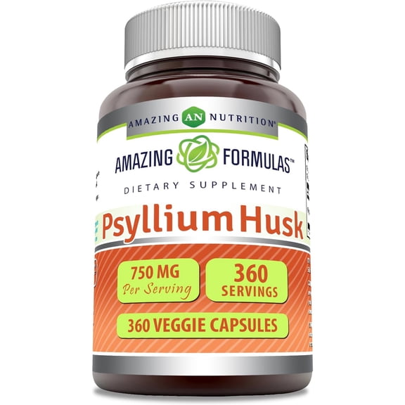 Amazing Formulas Psyllium Husk 750mg 360 Veggie Capsules Supplement | Non-GMO | Gluten Free | Suitable for Vegetarians