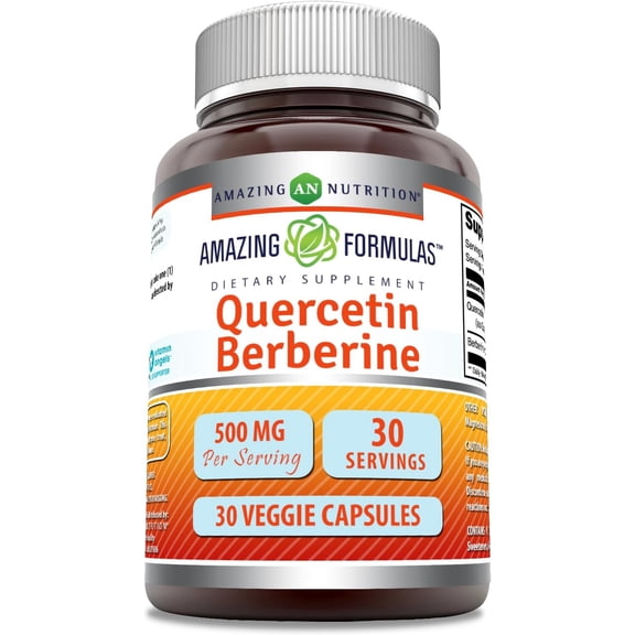 Amazing Formulas Quercetin Berberine 500mg Per Serving 30 Veggie Capsules Supplement | 250mg Quercetin & 250mg Berberine | Non-GMO | Gluten Free | Ideal for Vegetarians