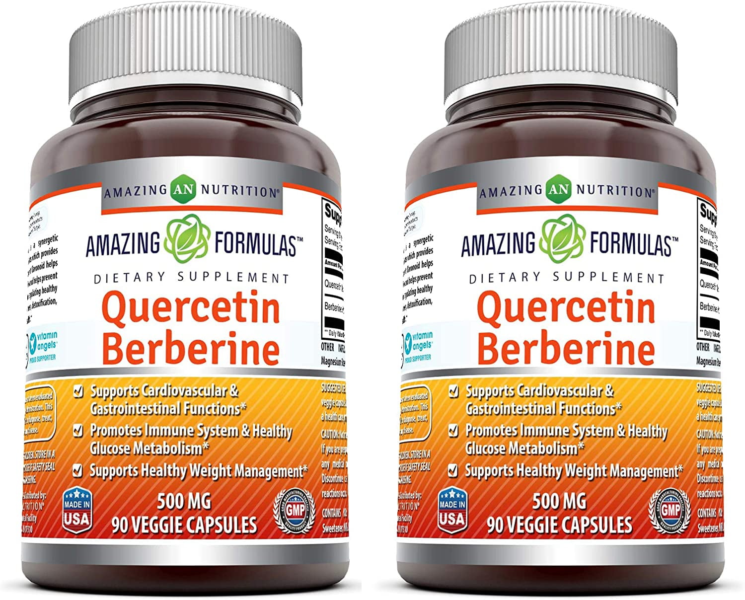 Amazing Formulas Quercetin Berberine 500mg Per Serving 90 Veggie Capsules Supplement | 250mg Quercetin & 250mg Berberine | Non-GMO | Gluten Free | Ideal for Vegetarians | Pack of 2